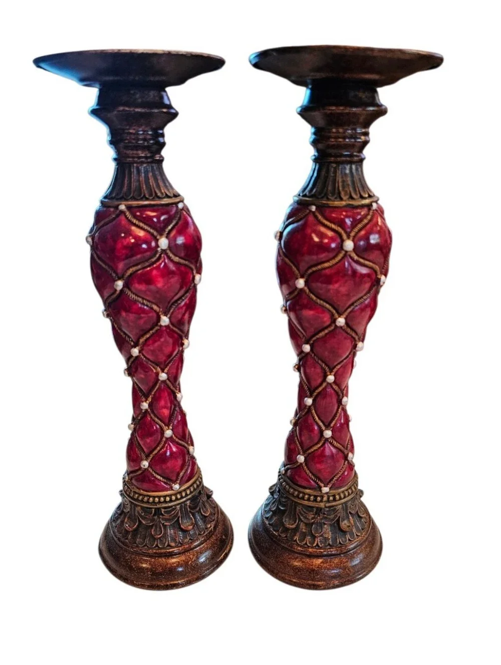 Decorative Red Trellis Wooden & Metal Candle Holders - Elegant Home Accent Pair